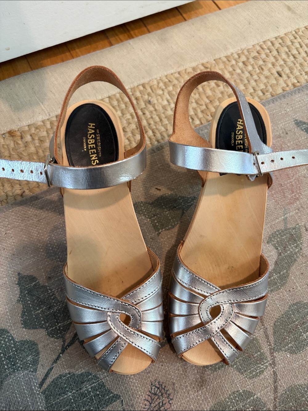 Swedish Hasbeens Metallic Silver Leather Clogs
